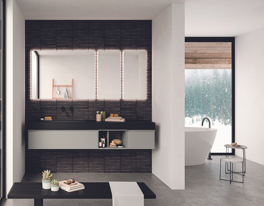 Bagno moderno laccato grigio con top nero opaco